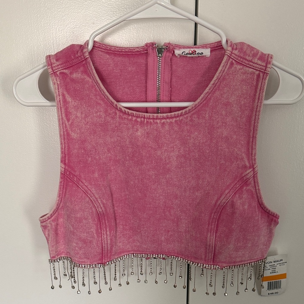 GeeGee Pink Rhinestone Fringe Denim-Look Crop Top